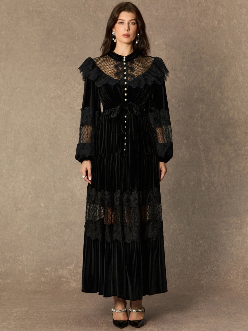 Black Lace-Trim Velvet Maxi Dress - Women